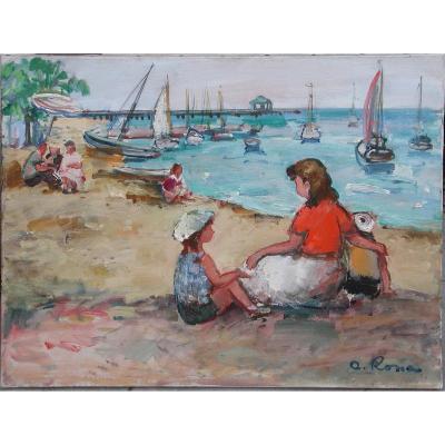 Bela Adalbert RONA "Baigneurs sur la plage" huile sur toile 50x61